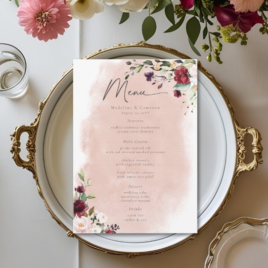 Rustic Burgundy & Blush Pink Roses Wedding Menu