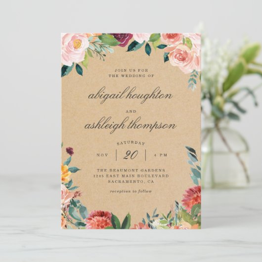 Rustic Burgundy Blush Waterverf Floral Wedding Kaart (Staand voorkant)
