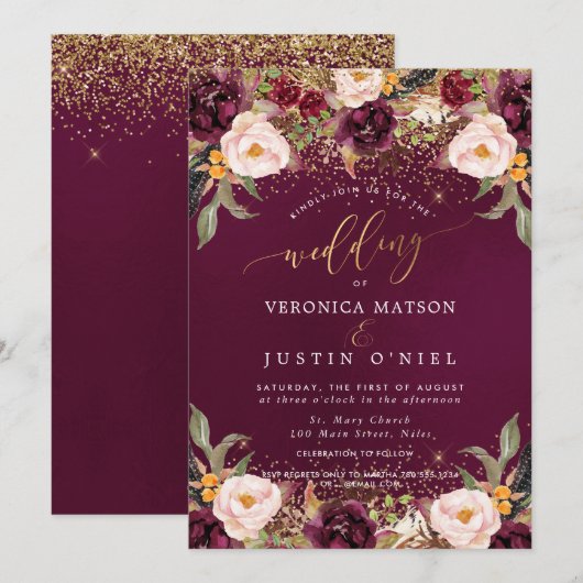 Rustic Burgundy+Blush Waterverf Flowers Kaart (Voorkant / Achterkant)