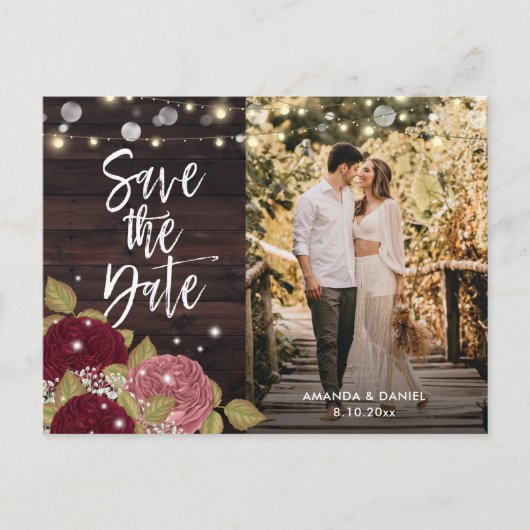 Rustic Burgundy Blush Wedding Photo Save the Date Aankondigingskaart (Voorkant)