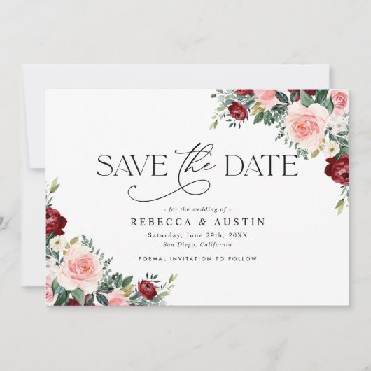 Rustic Burgundy Blush Wedding Save the Date Kaart (Voorkant)