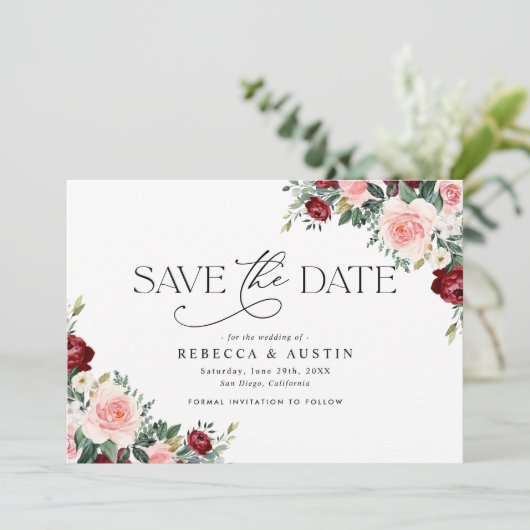 Rustic Burgundy Blush Wedding Save the Date Kaart (Staand voorkant)
