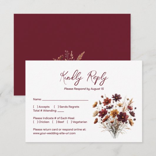 Rustic Burgundy Boho Chic Wildflowers Wedding RSVP Kaartje (Voorkant / Achterkant)