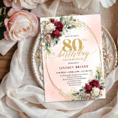 Rustic Burgundy Boho Flowers 80th Birthday Invites Kaart