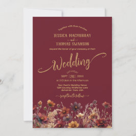 Rustic Burgundy Boho Wildflowers Elegant Wedding Kaart