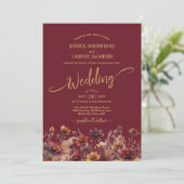Rustic Burgundy Boho Wildflowers Elegant Wedding Kaart (Staand voorkant)