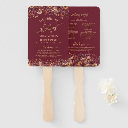 Rustic Burgundy Boho Wildflowers Wedding Program Handwaaier (Voorkant en achterkant)