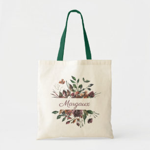 Rustic Burgundy Botanical Bouquet Monogram Tote Bag