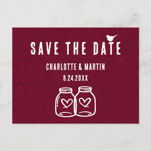Rustic Burgundy Burlap Wedding Save the Date Aankondigingskaart (Voorkant)