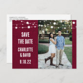 Rustic Burgundy Burlap Wedding Save the Date Photo Aankondigingskaart (Voorkant / Achterkant)