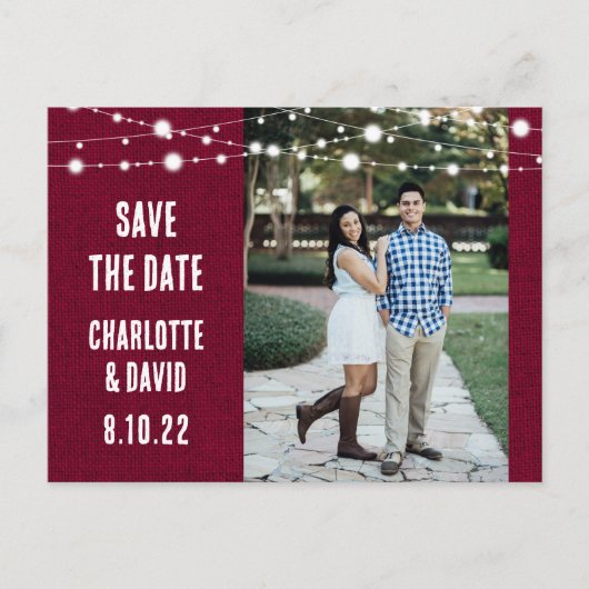 Rustic Burgundy Burlap Wedding Save the Date Photo Aankondigingskaart (Voorkant)