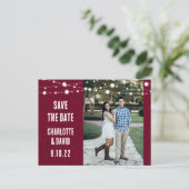Rustic Burgundy Burlap Wedding Save the Date Photo Aankondigingskaart (Staand voorkant)