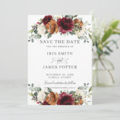 Rustic Burgundy Burnt Orange Ivory Floral Wedding Save The Date (Staand voorkant)
