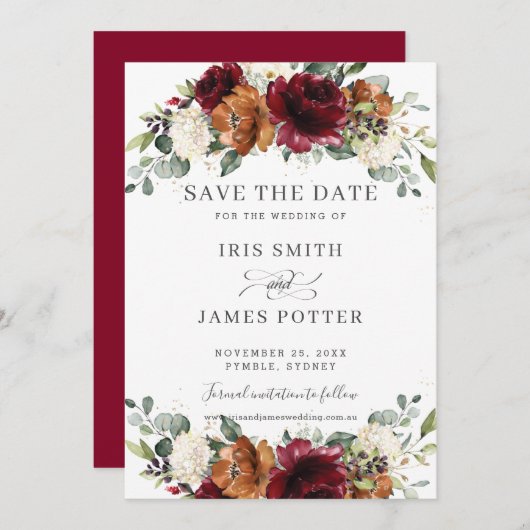 Rustic Burgundy Burnt Orange Ivory Floral Wedding Save The Date (Voorkant / Achterkant)