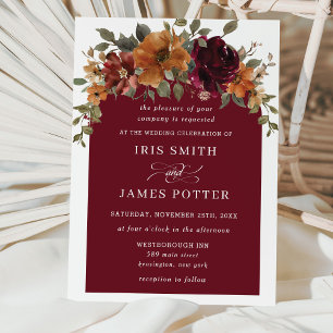 Rustic Burgundy Burnt Oranje Floral Arch Wedding Kaart