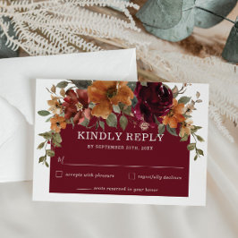 Rustic Burgundy Burnt Oranje Floral Arch Wedding RSVP Kaartje