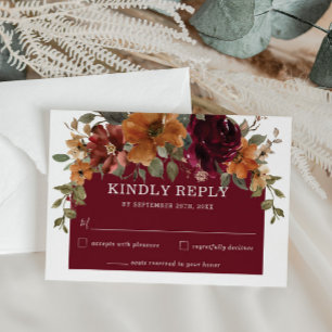 Rustic Burgundy Burnt Oranje Floral Arch Wedding RSVP Kaartje