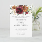Rustic Burgundy Burnt Oranje Ivory Floral Wedding Kaart (Staand voorkant)