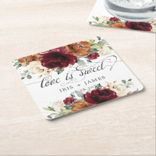 Rustic Burgundy Burnt Oranje Ivory Floral Wedding Kartonnen Onderzetters