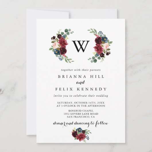 Rustic Burgundy Calligraphy Monogram Wedding Kaart (Voorkant)