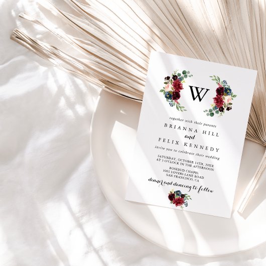 Rustic Burgundy Calligraphy Monogram Wedding Kaart