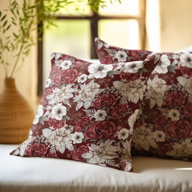 Rustic Burgundy Cream Roos Floral Pattern Kussen (Creator heeft geüpload)