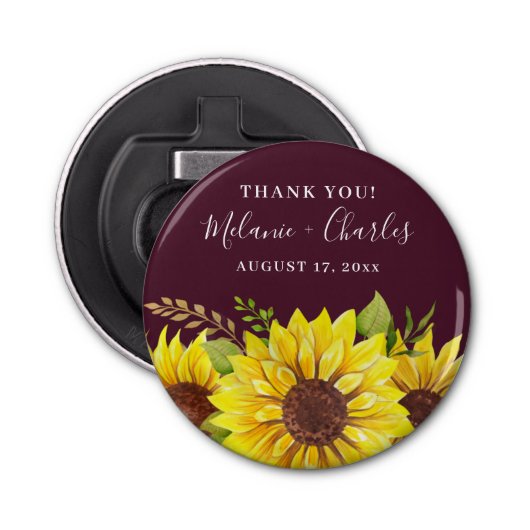 Rustic Burgundy Dank je zonnebloempjes Button Flesopener (Voorkant)