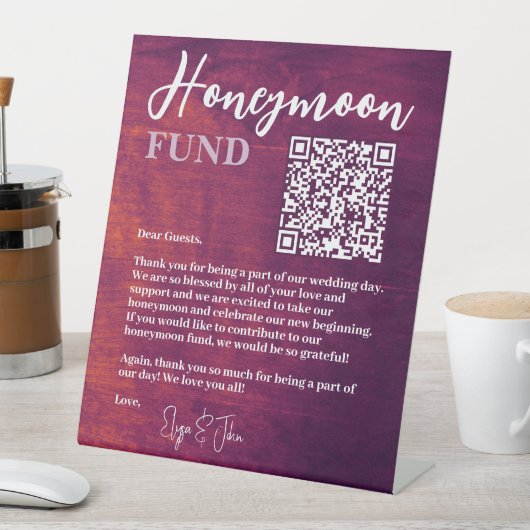Rustic Burgundy Elegant QR Code Honeymoon Fund Reclamebord Met Voetstuk (Insitu)