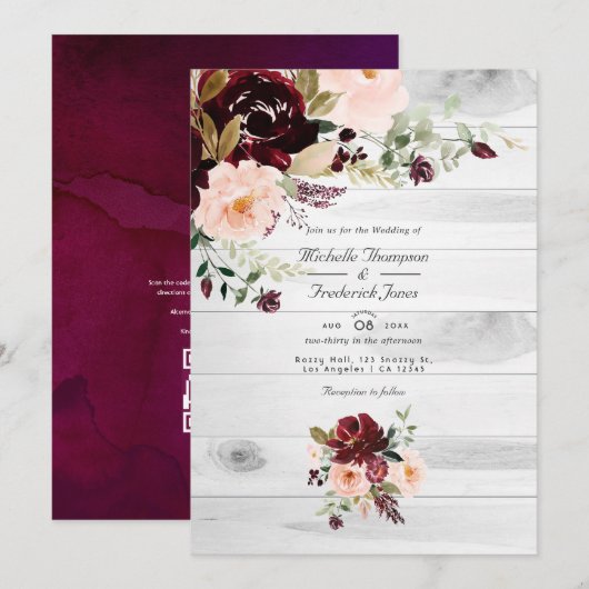 Rustic Burgundy en Blush Bloemencode Bruiloft QR Kaart (Voorkant / Achterkant)