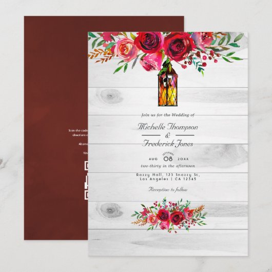 Rustic Burgundy en Roze Bloemencode Trouw Kaart (Voorkant / Achterkant)