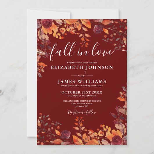 Rustic Burgundy Fall In Love Autumn Floral Wedding Kaart (Voorkant)