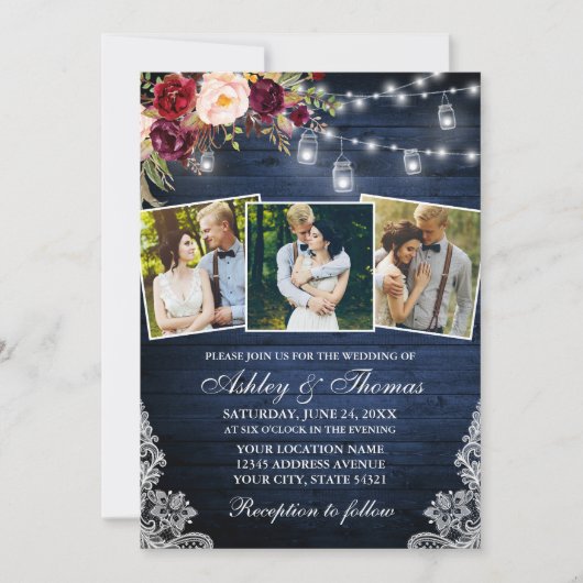 Rustic Burgundy Floral 3 Foto Jar Lights Wedding Kaart (Voorkant)