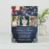 Rustic Burgundy Floral 3 Foto Jar Lights Wedding Kaart (Staand voorkant)