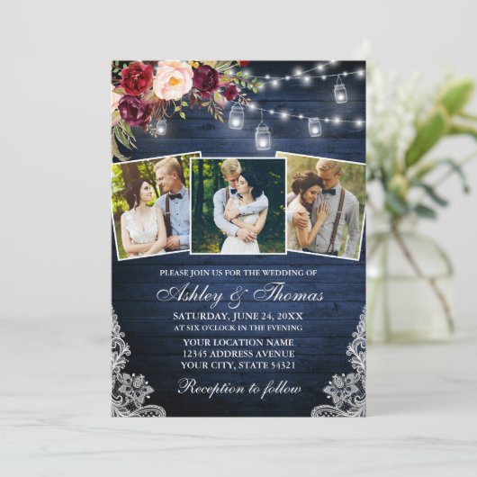 Rustic Burgundy Floral 3 Foto Jar Lights Wedding Kaart (Staand voorkant)