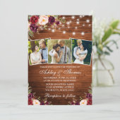 Rustic Burgundy Floral 3 Foto Wood Weddenschap Kaart (Staand voorkant)