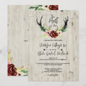 Rustic Burgundy Floral Antler Hunt is over het huw Kaart (Voorkant / Achterkant)