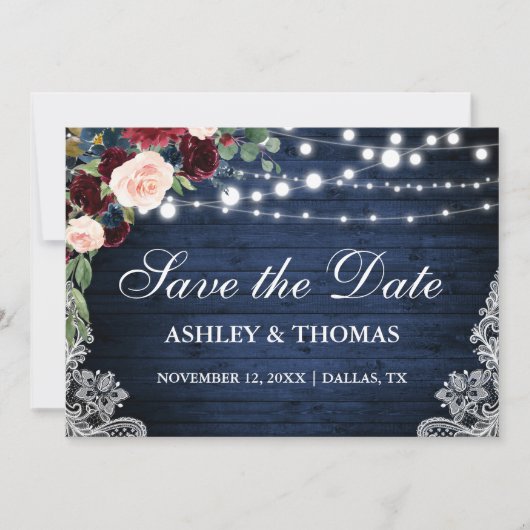 Rustic Burgundy Floral Blue Wood Save the Date (Voorkant)