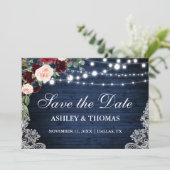 Rustic Burgundy Floral Blue Wood Save the Date (Staand voorkant)