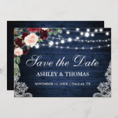 Rustic Burgundy Floral Blue Wood Save the Date (Voorkant / Achterkant)