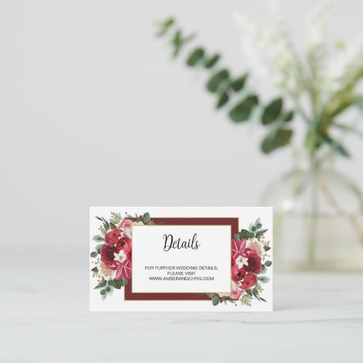 Rustic Burgundy Floral Boho Winter Wedding Website Informatiekaartje (Staand voorkant)