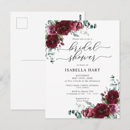 Rustic Burgundy Floral Bridal Shower Briefkaart (Voorkant / Achterkant)