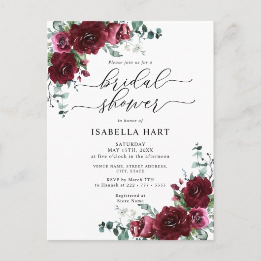 Rustic Burgundy Floral Bridal Shower Briefkaart (Voorkant)