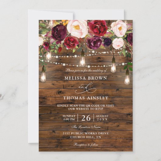 Rustic Burgundy Floral Budget QR Code Wedding Kaart (Voorkant)