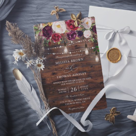 Rustic Burgundy Floral Budget QR Code Wedding Kaart