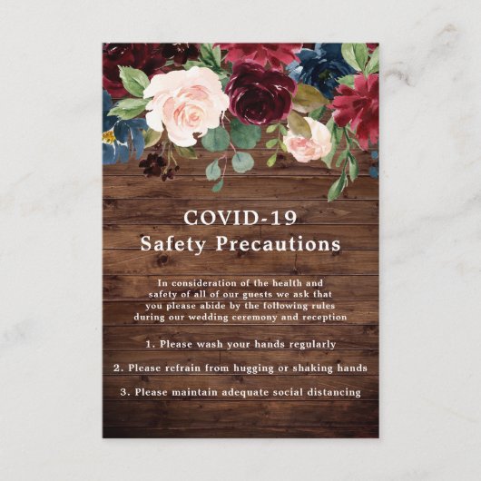 Rustic Burgundy Floral COVID-19 Safety Wedding Informatiekaartje (Voorkant)