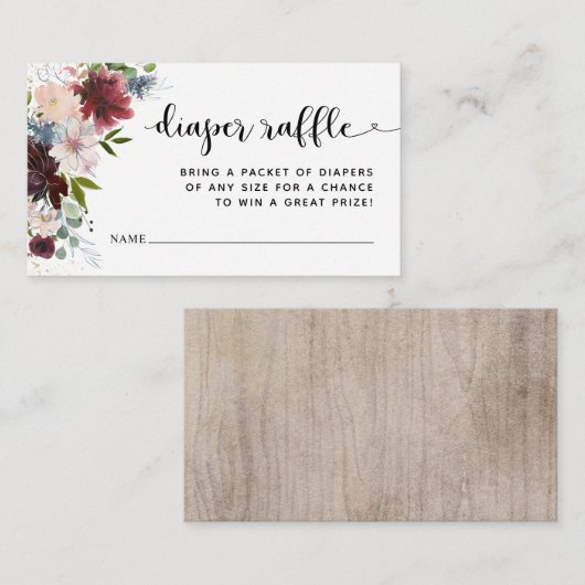 Rustic Burgundy Floral Diaper Raffle Ticket Insert Informatiekaartje (Voorkant / Achterkant)