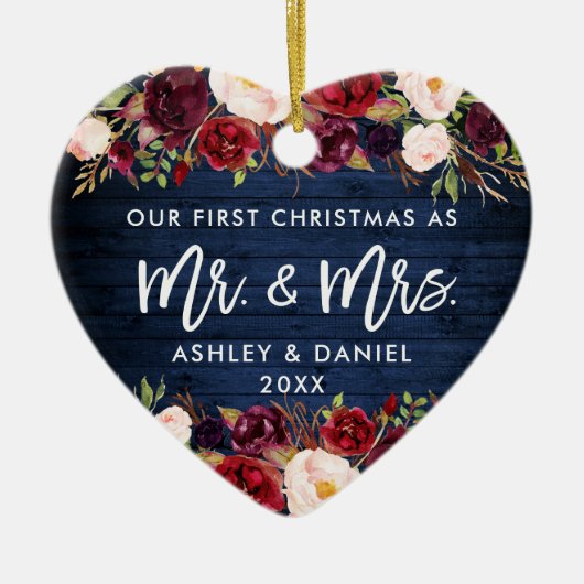 Rustic Burgundy Floral eerste kerstblauw Keramisch Ornament (Voorkant)