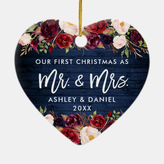 Rustic Burgundy Floral eerste kerstblauw Keramisch Ornament (Achterkant)