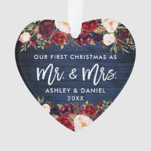 Rustic Burgundy Floral eerste kerstblauw Ornament