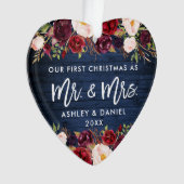 Rustic Burgundy Floral eerste kerstblauw Ornament (voorkant)